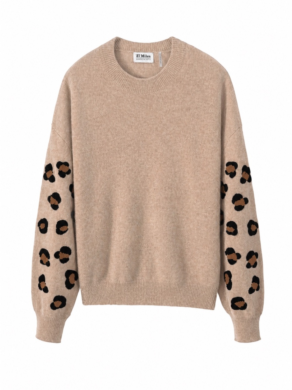 27 Miles Leopard Sleeve Cashmere Crewneck - Picture 1 of 11